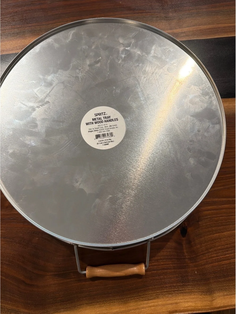 Spritz Metal Tray with Wood Handles, 14 in Diameter